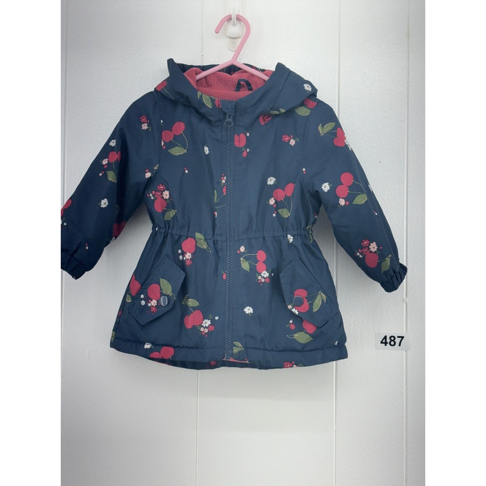 OshKosh Bgosh Girls Navy Blue Cherry Print Hooded Puffer Jacket Fleece Lined 12M